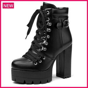 Suede Ankle Booties with Chunky Heel Platform Round Toe Lace Up Side Zipper